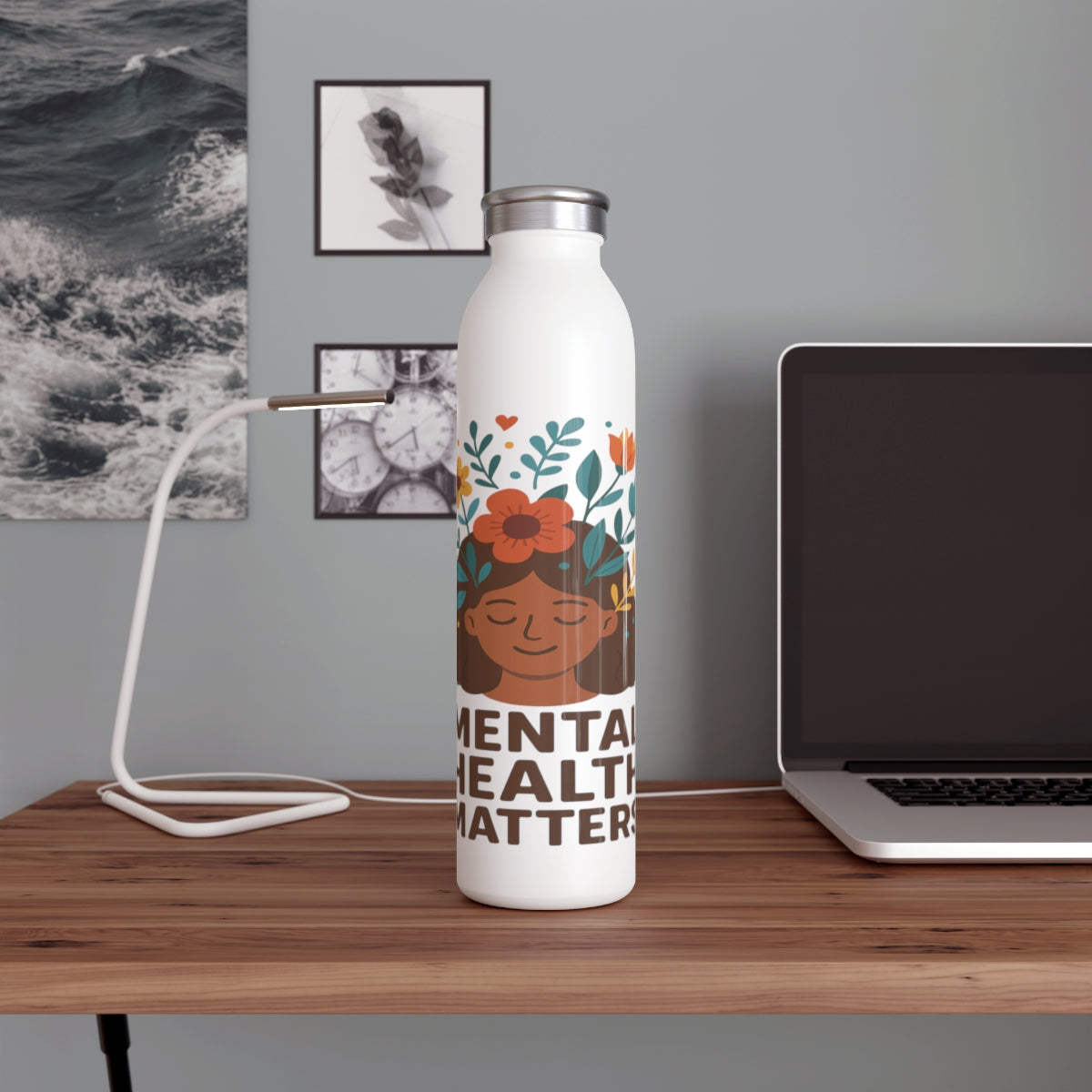 Eco-Friendly Slim Water Bottle, Mental Health Matters, Hydration Motivation Gift, Wellness Water Bottle, Yoga Accessory, ArtistryTrend