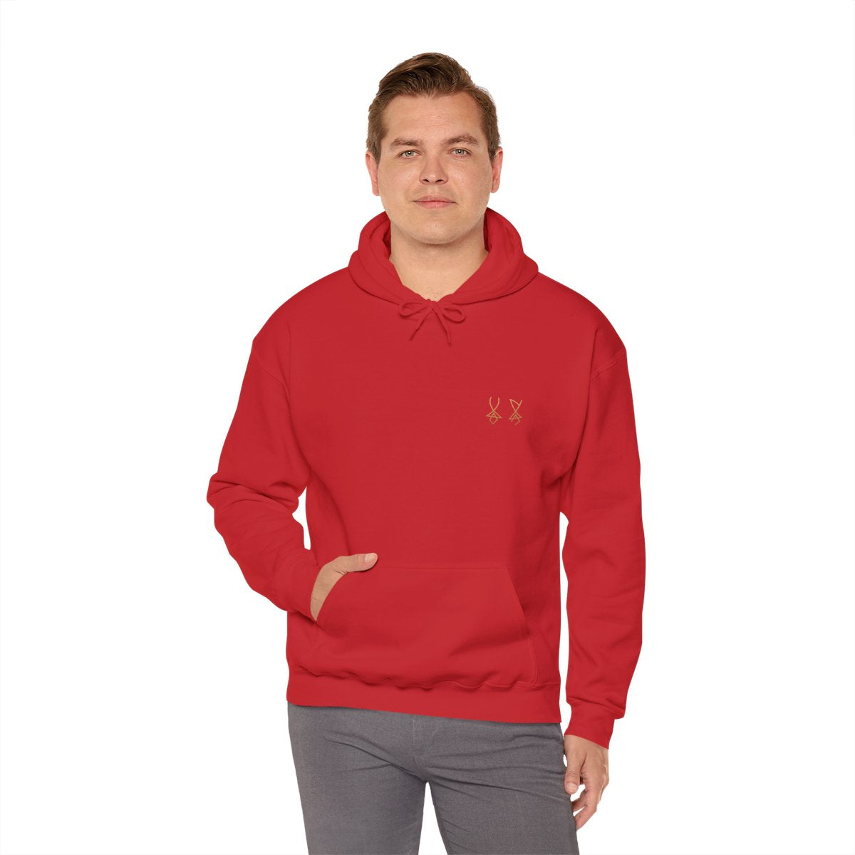 limited edition Minimalist Symbol Hoodie - Men Bold Design with X on Sleeve, Subtle Chest Symbol, Heavy Blend Sweatshirt, Unique Apparel, Men’s Hoodie