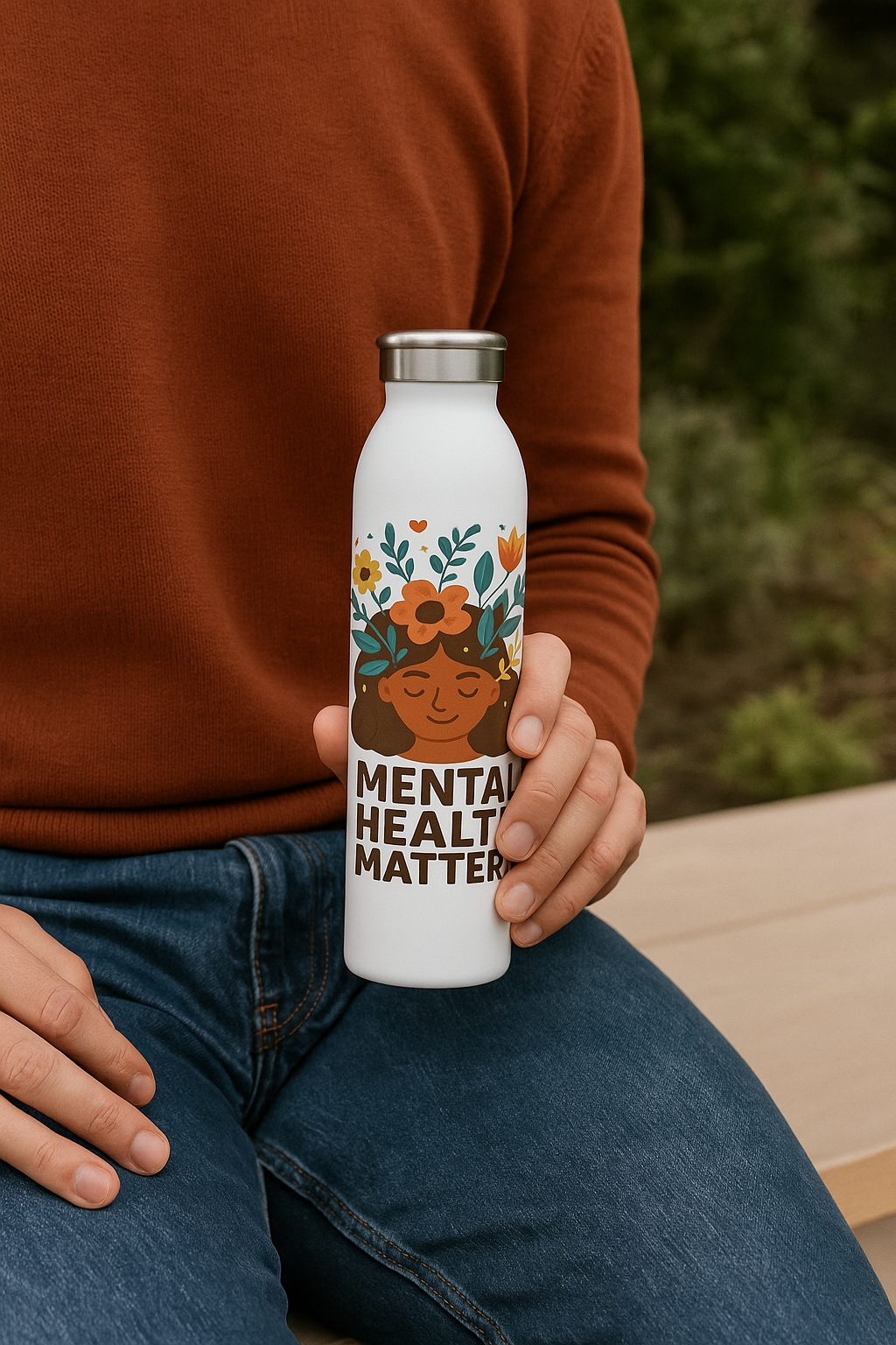 Eco-Friendly Slim Water Bottle, Mental Health Matters, Hydration Motivation Gift, Wellness Water Bottle, Yoga Accessory, ArtistryTrend