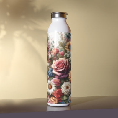 Floral Slim Water Bottle, Beautiful Floral Design, Eco-Friendly Bottle, Gift for Nature Lovers, Vibrant Hydration Bottle, ArtistryTrend
