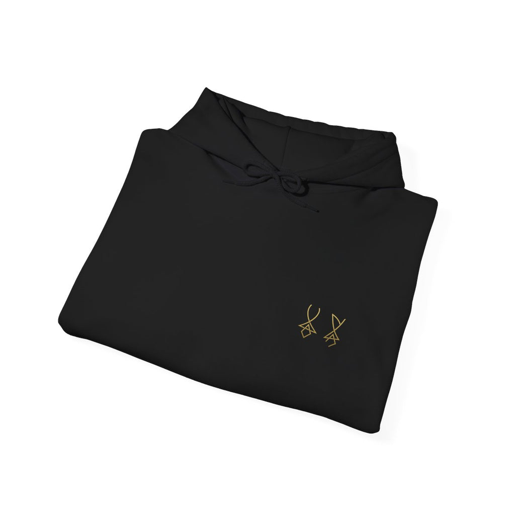limited edition Minimalist Symbol Hoodie - Bold Design with X on Sleeve, Subtle Chest Symbol, Heavy Blend Sweatshirt, Unique Apparel