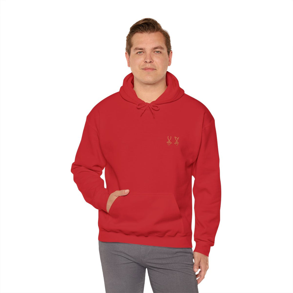 limited edition Minimalist Symbol Hoodie - Bold Design with X on Sleeve, Subtle Chest Symbol, Heavy Blend Sweatshirt, Unique Apparel