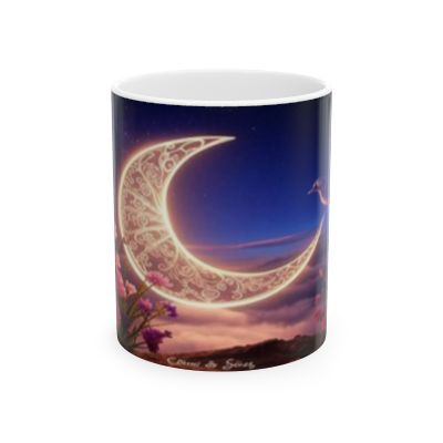 Celestial Floral Ceramic Mug, Moon Design, Inspirational Gift, Coffee Lover Mug, Night Sky Aesthetic