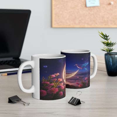 Celestial Floral Ceramic Mug, Moon Design, Inspirational Gift, Coffee Lover Mug, Night Sky Aesthetic