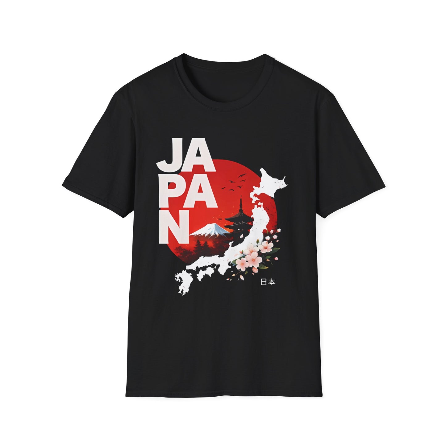 Japan Red Sun Mountain Blossom T-Shirt | Mount Fuji Sakura Graphic